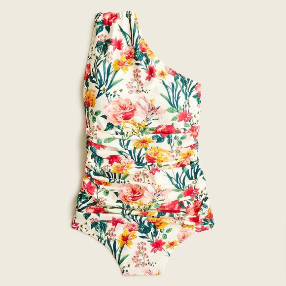 J. Crew Long torso Ruched one-shoulder swimsuit Antique White Multi 6 - Picture 1 of 8